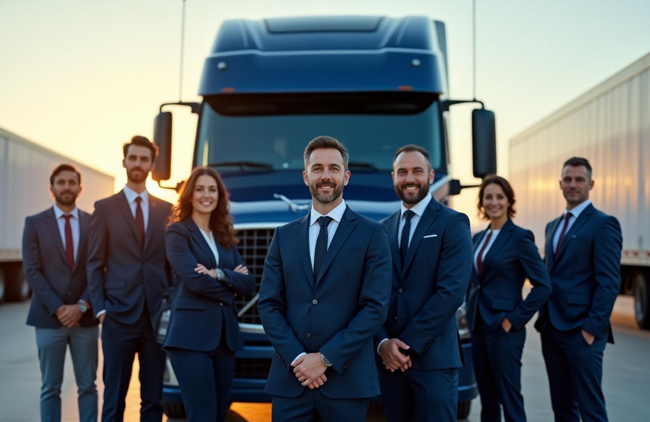 The M Farley Trucking leadership team standing confidently in front of a modern heavy-haul truck in Catskill, NY.