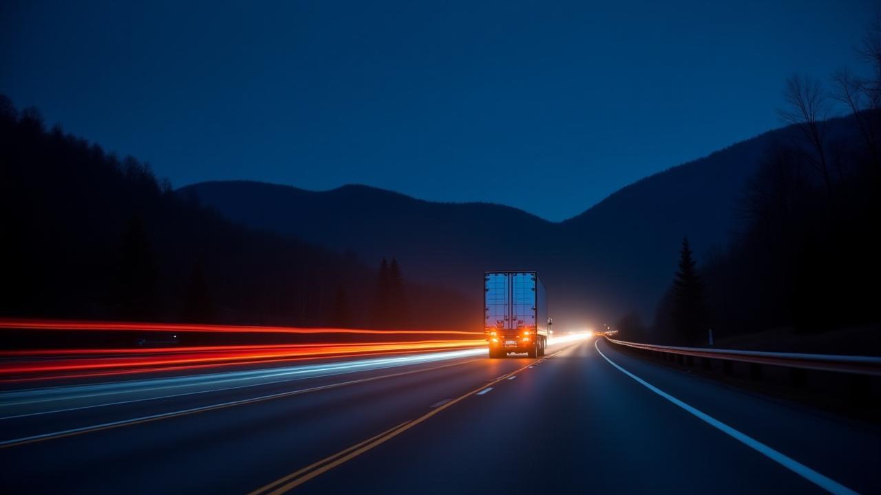 A long exposure of a truck traveling on a highway at night, symbolizing constant motion and logistics efficiency.