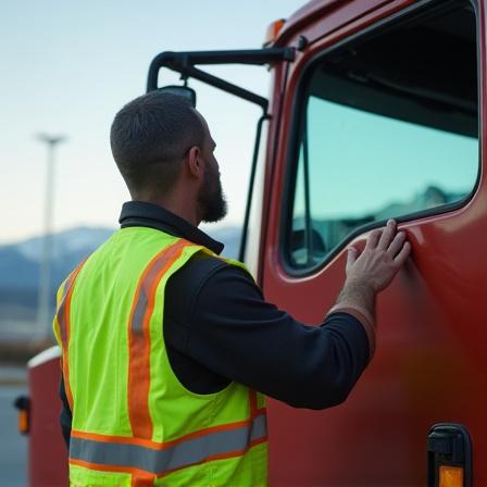 Professional truck driver conducting a safety inspection.