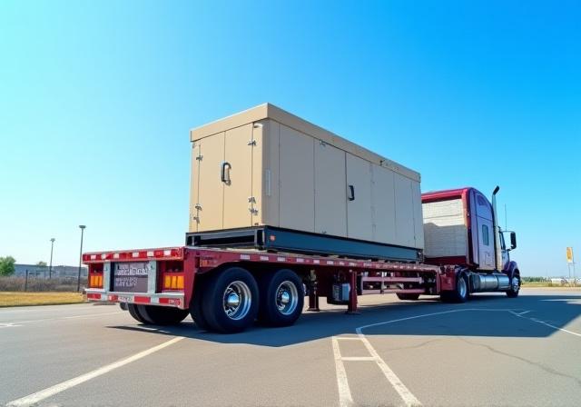 M Farley Lowboy trailer carrying tall cargo