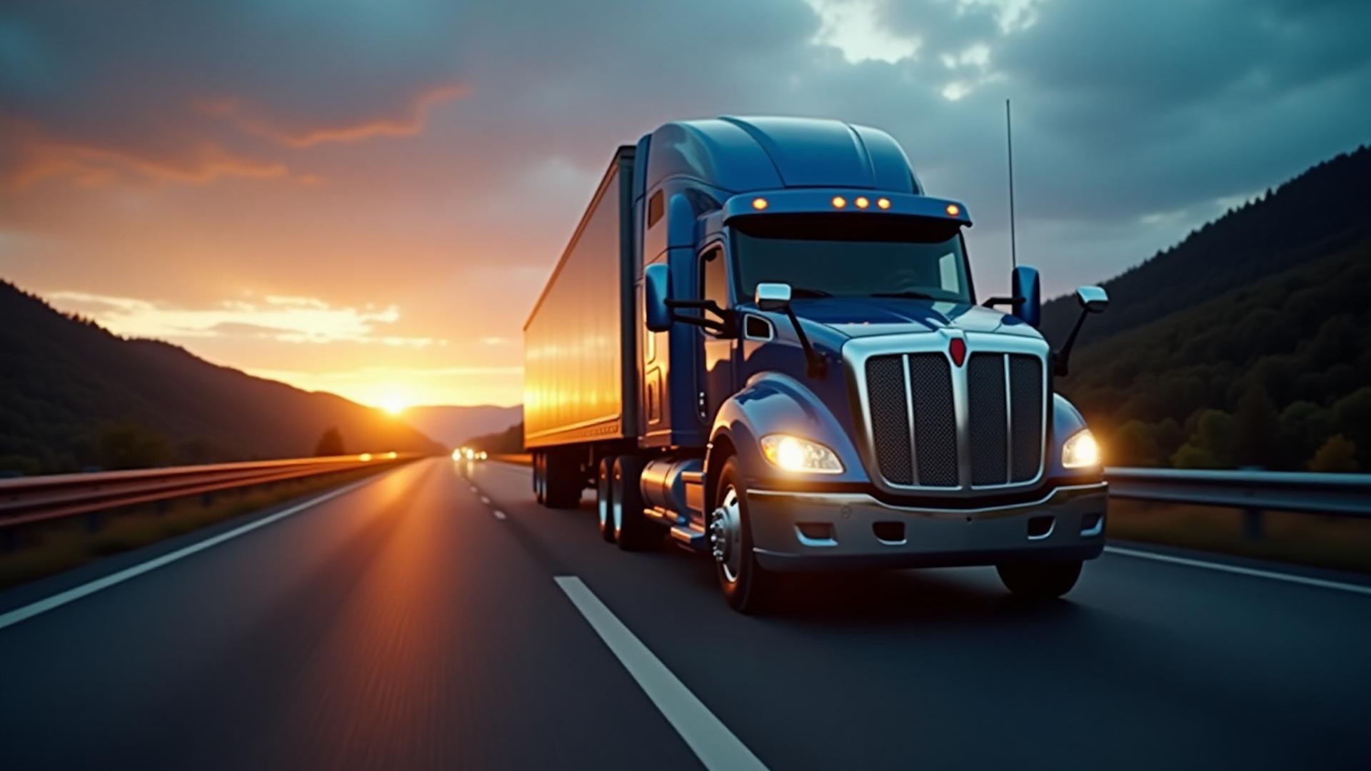 Modern M Farley heavy duty truck on the New York state Thruway at sunset