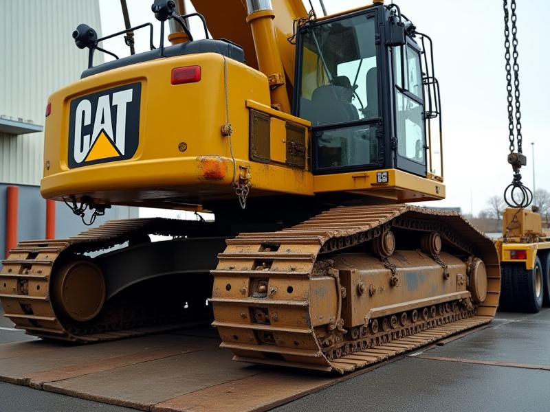 Heavy construction equipment being loaded on a trailer